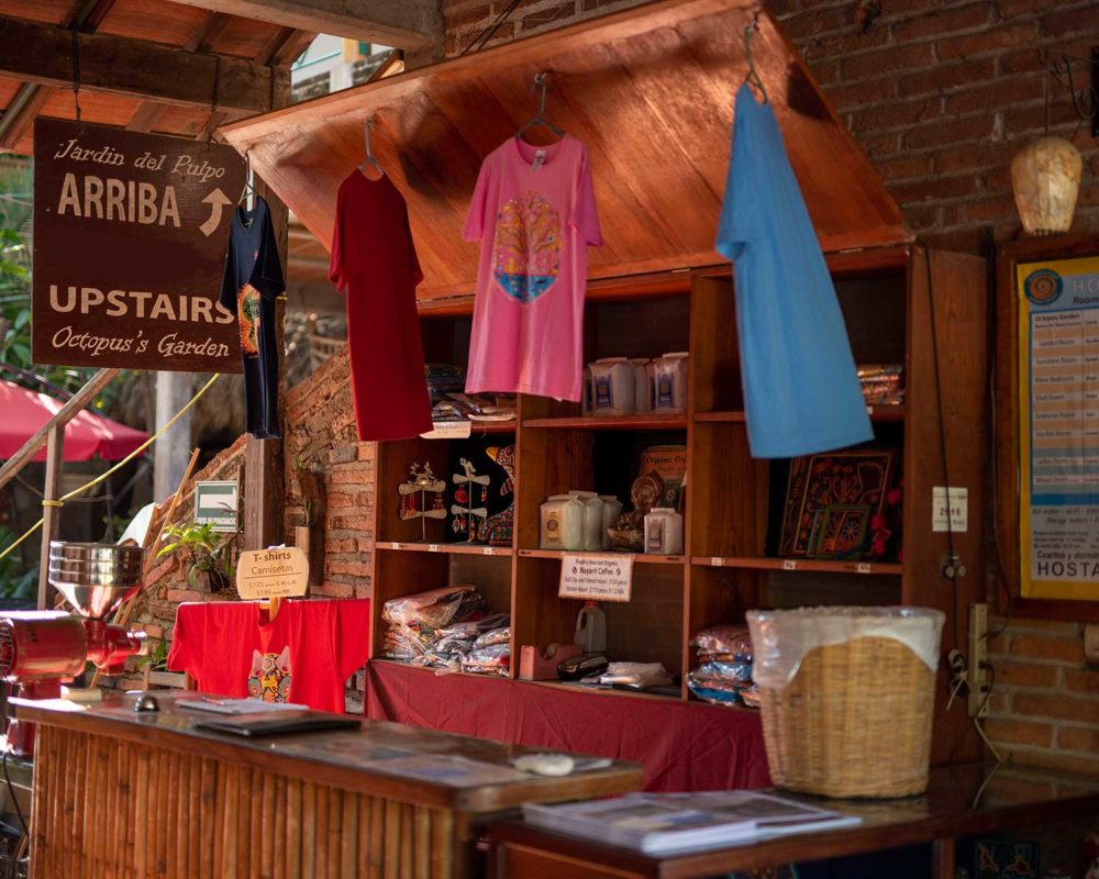 Huichol art t-shirts and fresh-roasted organic coffee at the Octopus's Garden